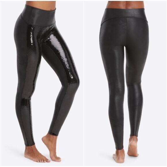 SPANX Faux Leather Sequin Party Disco Leggings Black Medium - Picture 1 of 5